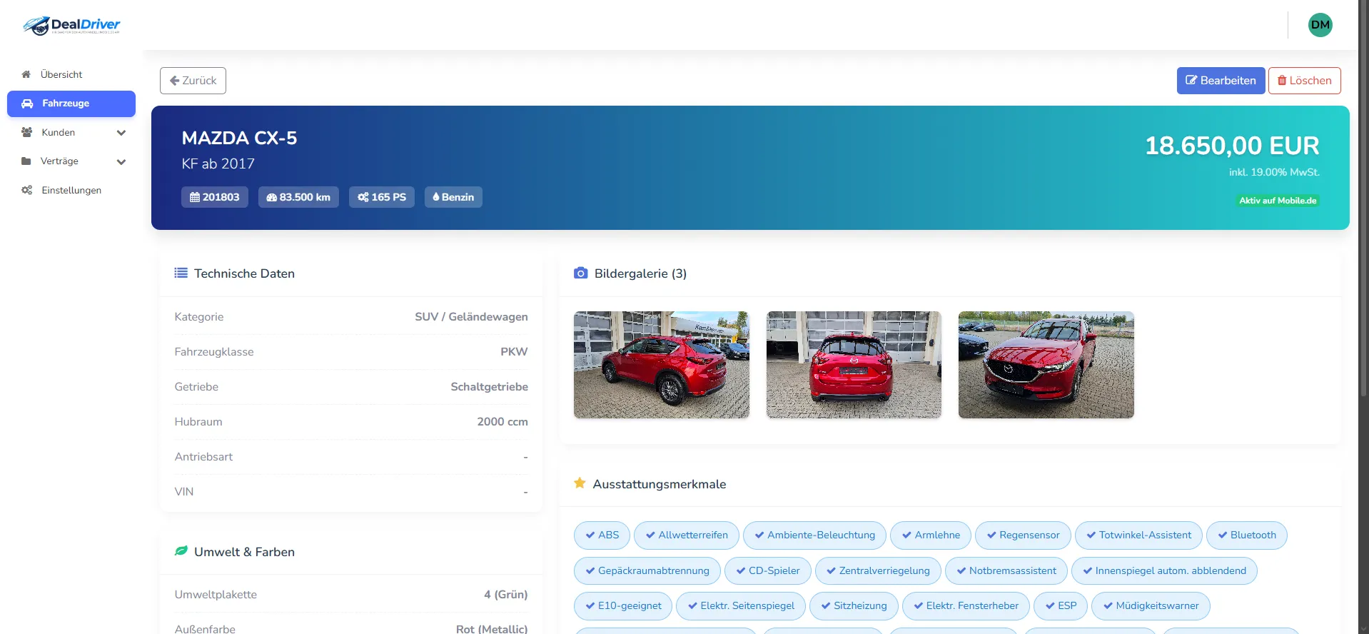 DealDriver: Detailansicht eines Fahrzeugs mit technischen Daten, Bildergalerie und Ausstattungsmerkmalen
