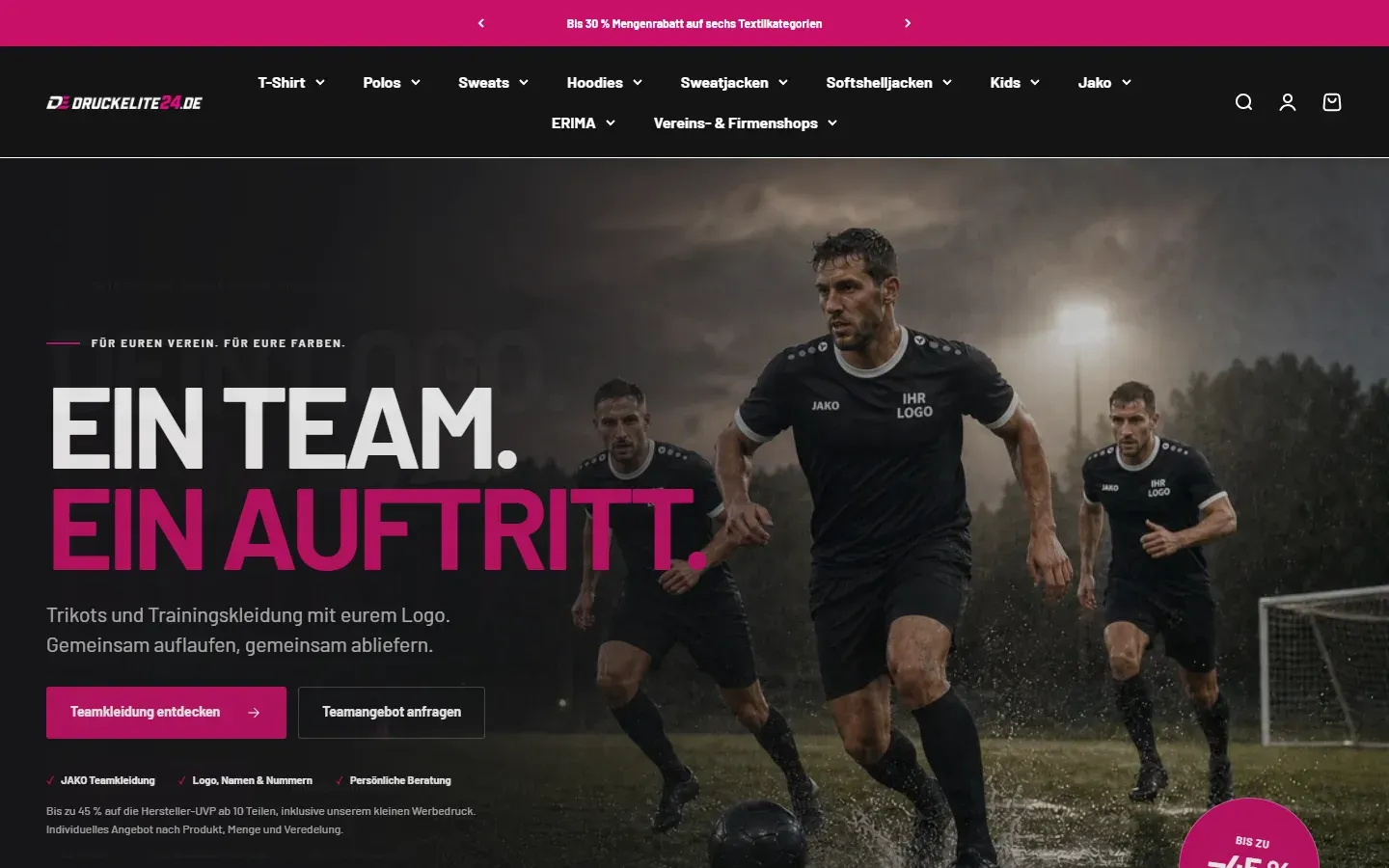 Startseite von Druckelite24 mit Teamkleidung und Navigation nach Textilkategorien
