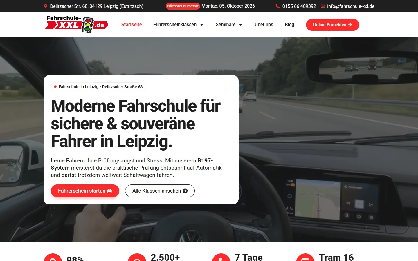 Entwurf der neuen Startseite der Fahrschule XXL mit Hinweis auf den nächsten Kursstart