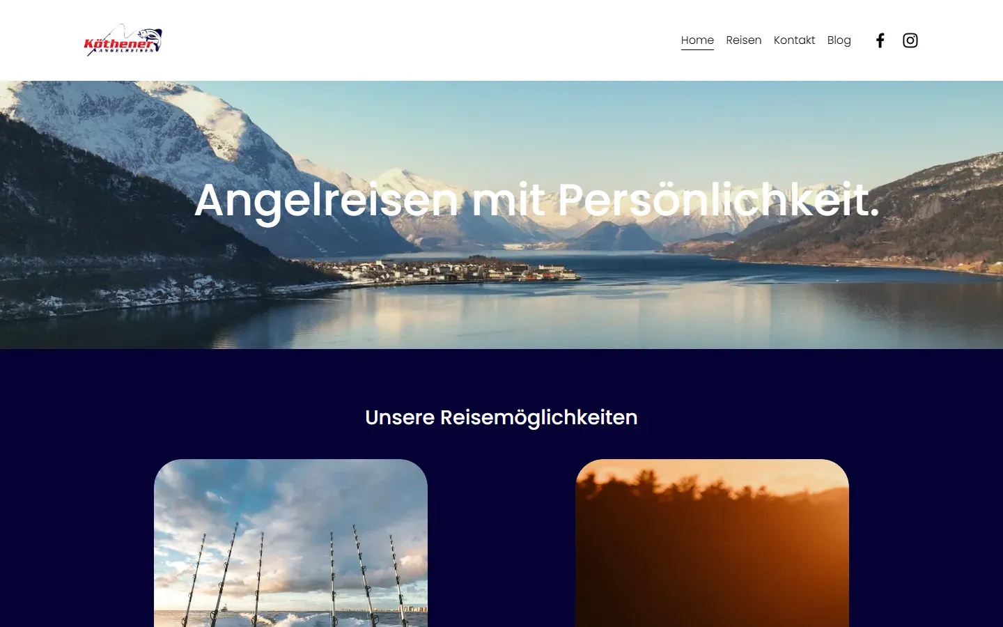 Startseite von Köthener Angelreisen mit Fjordlandschaft und dem Leitsatz Angelreisen mit Persönlichkeit