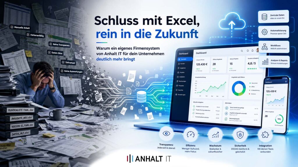 Warum ein eigenes Firmensystem von Anhalt IT für dein Unternehmen deutlich mehr bringt, als nur auf Excel Listen zu setzen. Schluss mit Excel, rein in die Zukunft